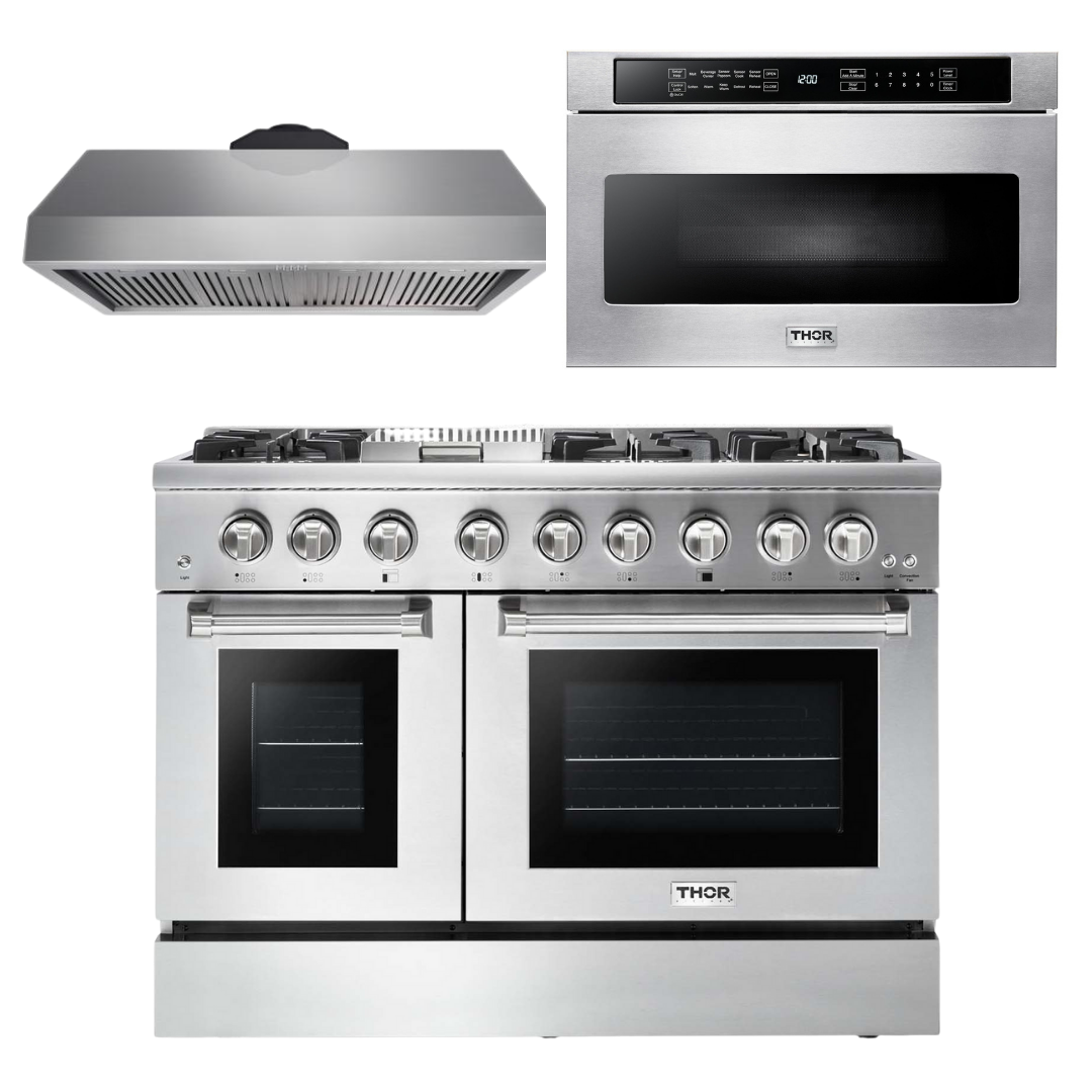 Thor Kitchen Package - 48 in. Propane Gas Burner/Electric Oven Range, Range Hood, Microwave Drawer, AP-HRD4803ULP-5