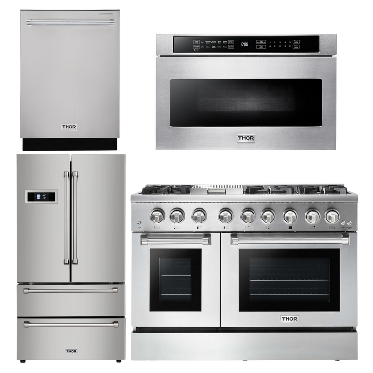 Thor Kitchen Package - 48 in. Propane Gas Burner/Electric Oven Range, Refrigerator, Dishwasher, Microwave Drawer, AP-HRD4803ULP-6