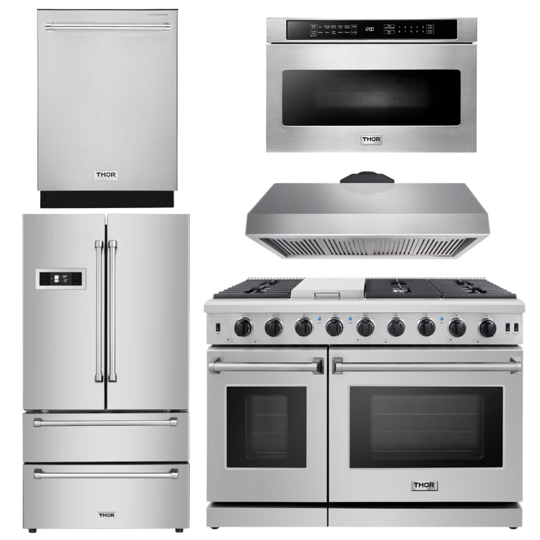 Thor Kitchen Package - 48 in. Propane Gas Range, Range Hood, Dishwasher, Refrigerator, Microwave Drawer, AP-LRG4807ULP-7