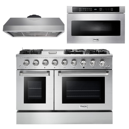 Thor Kitchen Package - 48 in. Propane Gas Range, Range Hood, Microwave Drawer - Stainless Steel Knobs, AP-HRG4808ULP-5