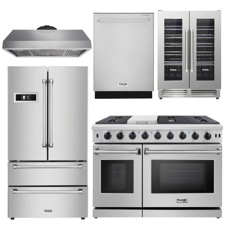Thor Kitchen Package - 48 in. Propane Gas Range, Range Hood, Refrigerator, Dishwasher & Wine Cooler, AP-LRG4807ULP-4