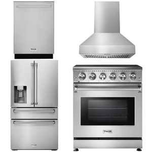 THOR Kitchen Package - Professional 30" Electric Range, Range Hood, Refrigerator with Water and Ice Dispenser, Dishwasher, AP-HRE3001-W-7