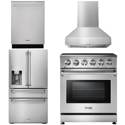 THOR Kitchen Package - Professional 30" Electric Range, Range Hood, Refrigerator with Water and Ice Dispenser, Dishwasher, AP-HRE3001-W-7
