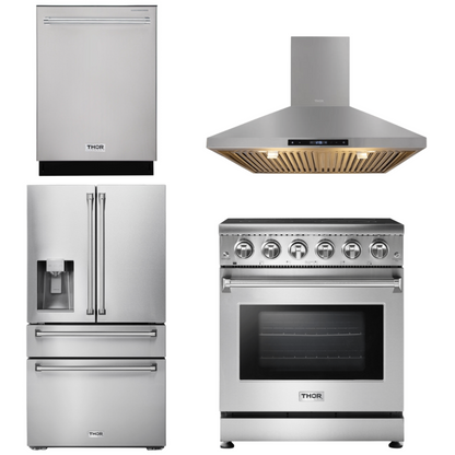 THOR Kitchen Package - 30" Electric Range, Range Hood, Refrigerator with Water and Ice Dispenser, Dishwasher