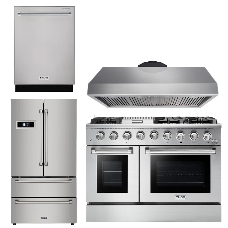 Thor Kitchen Professional 48 in. Gas Burner/Gas Oven Range, Range Hood, Refrigerator & Dishwasher Package, AP-HRG4808U-3