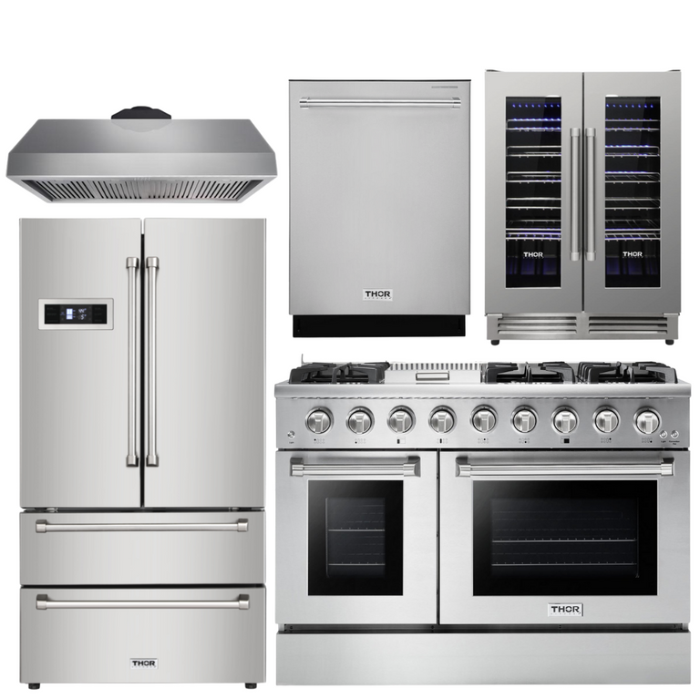 Thor Kitchen Professional Package - 48 in. Gas Range, Range Hood, Refrigerator, Dishwasher, Wine Cooler, AP-HRG4808U-4