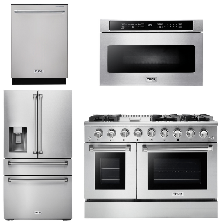 Thor Kitchen Package - 48" Propane Gas Range, Refrigerator with Water and Ice Dispenser, Dishwasher, Microwave, AP-HRG4808ULP-12