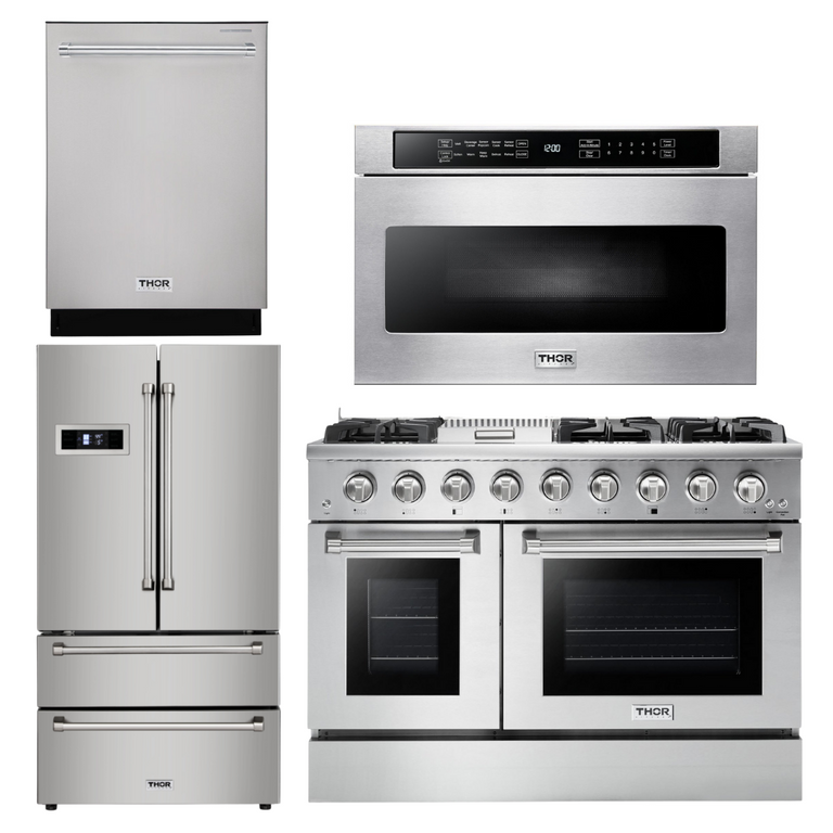 Thor Kitchen Professional Package - 48 in. Propane Gas Range, Refrigerator, Dishwasher, Microwave Drawer, AP-HRG4808ULP-6