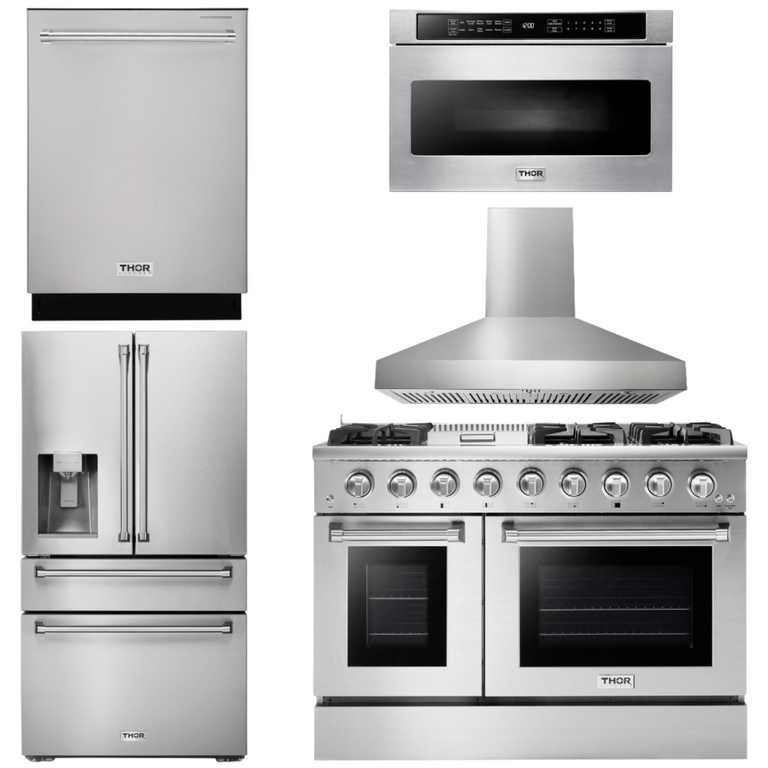 Thor Kitchen Package 48" Gas Range, Range Hood, Refrigerator with Water and Ice Dispenser, Dishwasher, Microwave, AP-HRG4808U-W-9