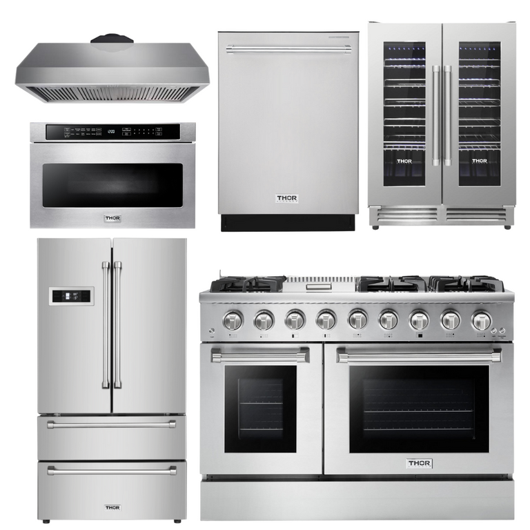 Thor Kitchen Professional Package 48 in. Propane Gas Range, Range Hood, Refrigerator, Dishwasher, Microwave Drawer, Wine Cooler, AP-HRG4808ULP-8