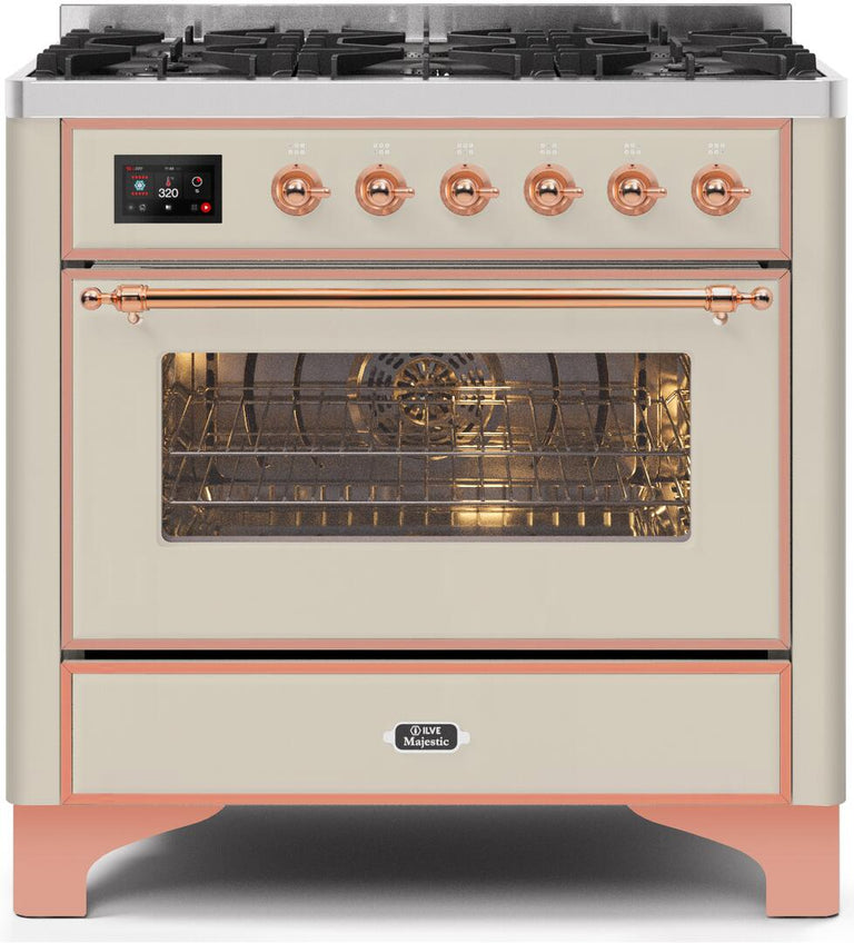 ILVE 36 in. Majestic II Series Propane Gas Burner and Electric Oven Range in Antique White with Copper Trim, UM096DNS3AWPLP