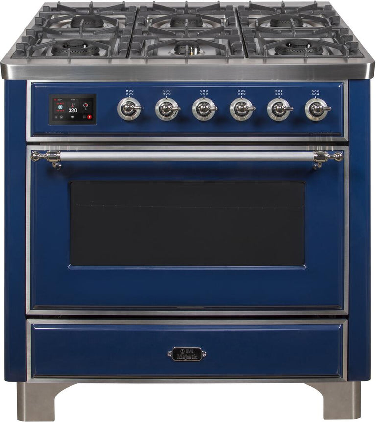 ILVE 36 in. Majestic II Series Natural Gas Burner and Single Electric Oven in Midnight Blue with Chrome Trim, UM096DNS3MBCNG