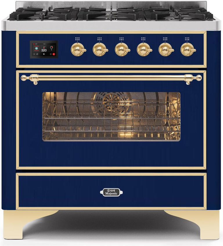 ILVE 36 in. Majestic II Series Propane Gas Burner and Electric Oven Range in Midnight Blue with Brass Trim, UM096DNS3MBGLP