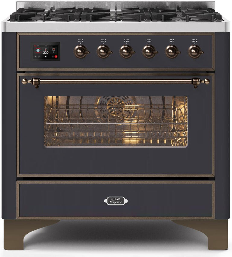 ILVE 36 in. Majestic II Series Natural Gas Burner and Single Electric Oven in Matte Graphite with Bronze Trim, UM096DNS3MGBNG