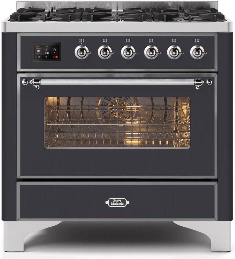 ILVE 36 in. Majestic II Series Natural Gas Burner and Single Electric Oven in Matte Graphite with Chrome Trim, UM096DNS3MGCNG