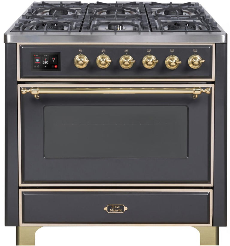 ILVE 36 in. Majestic II Series Propane Gas Burner and Electric Oven Range in Matte Graphite with Brass Trim, UM096DNS3MGGLP