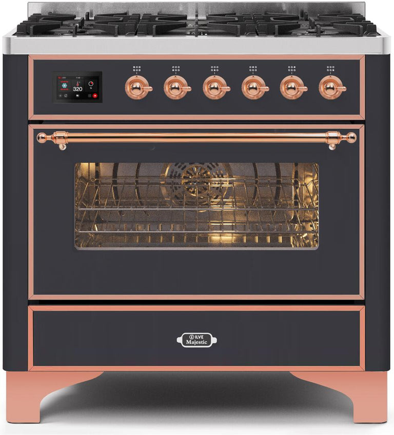 ILVE 36 in. Majestic II Series Natural Gas Burner and Single Electric Oven in Matte Graphite with Copper Trim, UM096DNS3MGPNG