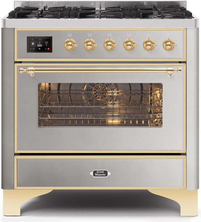 ILVE 36 in. Majestic II Series Natural Gas Burner and Single Electric Oven in Stainless Steel with Brass Trim, UM096DNS3SSGNG