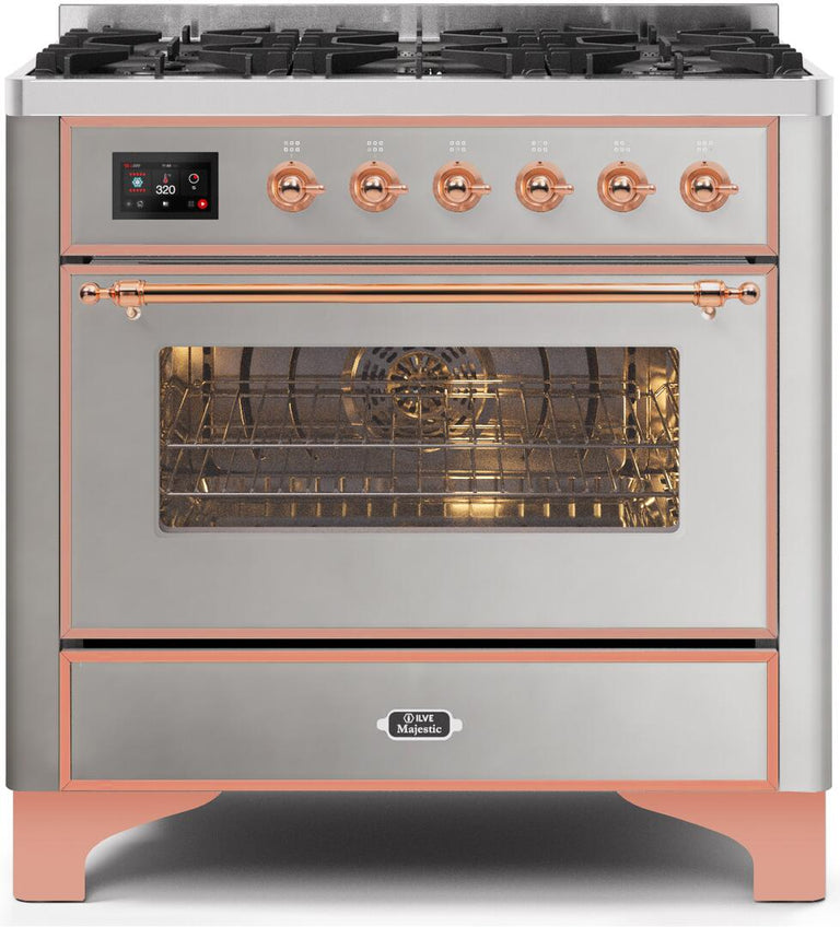 ILVE 36 in. Majestic II Series Propane Gas Burner and Electric Oven Range in Stainless Steel with Copper Trim, UM096DNS3SSPLP