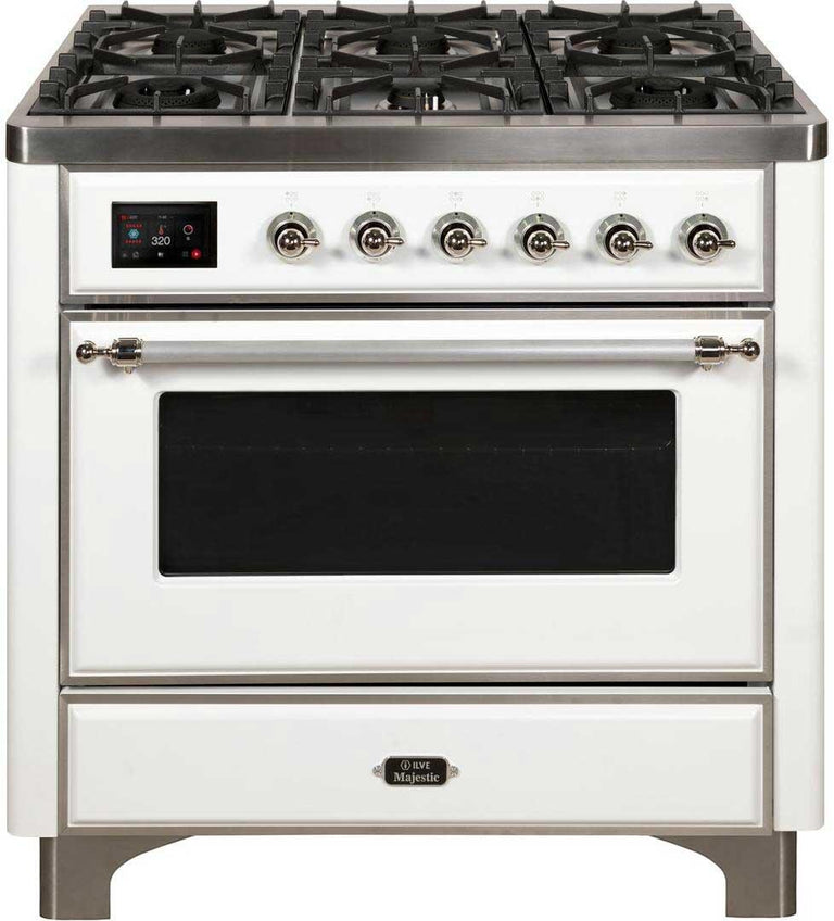 ILVE 36 in. Majestic II Series Natural Gas Burner and Single Electric Oven in White with Chrome Trim, UM096DNS3WHCNG