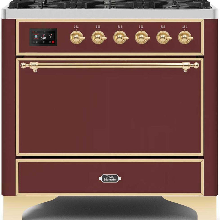 ILVE Majestic II 36" Natural Gas Burner, Electric Oven Range in Burgundy with Brass Trim, UM096DQNS3BUGNG
