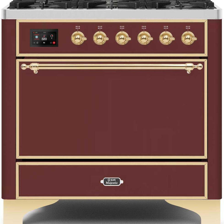 ILVE Majestic II 36" Propane Gas Burner, Electric Oven Range in Burgundy with Brass Trim, UM096DQNS3BUGLP