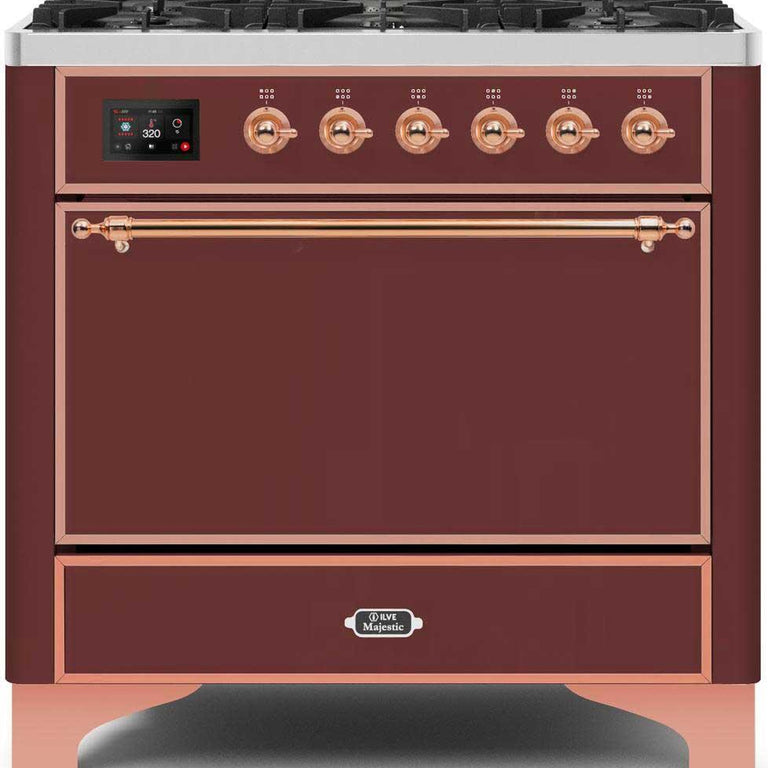 ILVE Majestic II 36" Natural Gas Burner, Electric Oven Range in Burgundy with Copper Trim, UM096DQNS3BUPNG