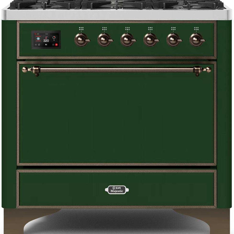 ILVE Majestic II 36" Propane Gas Burner, Electric Oven Range in Emerald Green with Bronze Trim, UM096DQNS3EGBLP