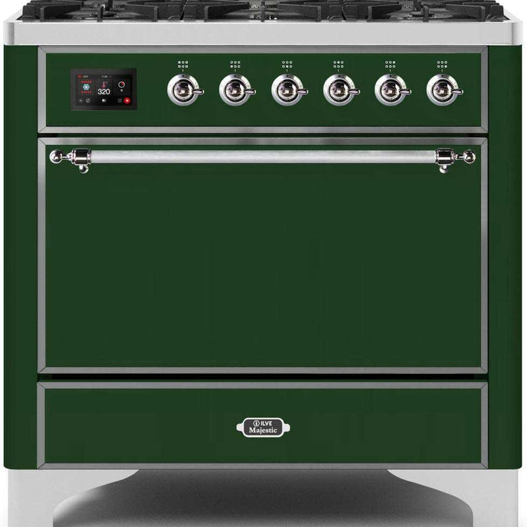 ILVE Majestic II 36" Natural Gas Burner, Electric Oven Range in Emerald Green with Chrome Trim, UM096DQNS3EGCNG