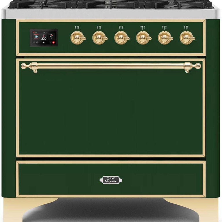 ILVE Majestic II 36" Propane Gas Burner, Electric Oven Range in Emerald Green with Brass Trim, UM096DQNS3EGGLP