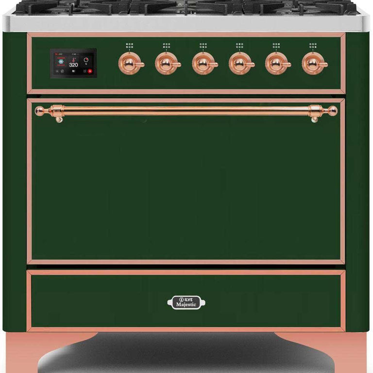 ILVE Majestic II 36" Propane Gas Burner, Electric Oven Range in Emerald Green with Copper Trim, UM096DQNS3EGPLP