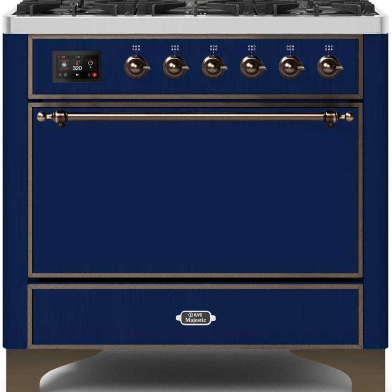 ILVE Majestic II 36" Natural Gas Burner, Electric Oven Range in Midnight Blue with Bronze Trim, UM096DQNS3MBBNG