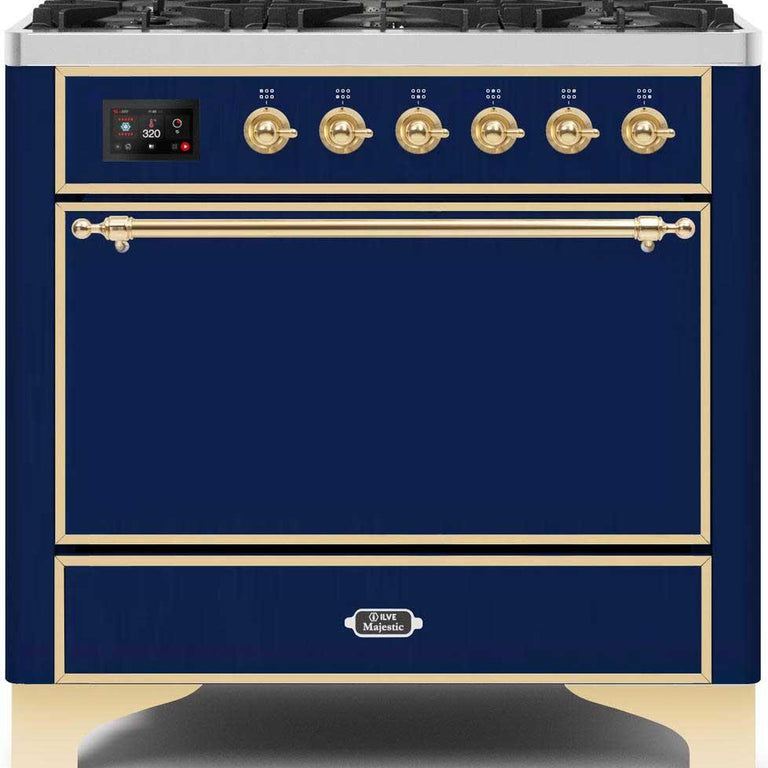 ILVE Majestic II 36" Propane Gas Burner, Electric Oven Range in Midnight Blue with Brass Trim, UM096DQNS3MBGLP