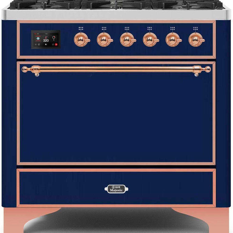 ILVE Majestic II 36" Natural Gas Burner, Electric Oven Range in Midnight Blue with Copper Trim, UM096DQNS3MBPNG