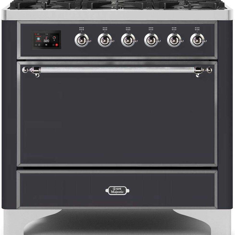 ILVE Majestic II 36" Natural Gas Burner, Electric Oven Range in Matte Graphite with Chrome Trim, UM096DQNS3MGCNG