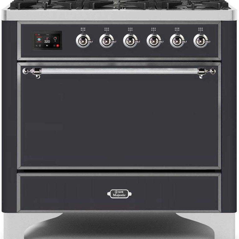 ILVE Majestic II 36" Propane Gas Burner, Electric Oven Range in Matte Graphite with Chrome Trim, UM096DQNS3MGCLP
