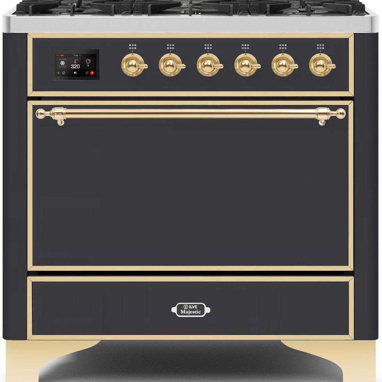 ILVE Majestic II 36" Natural Gas Burner, Electric Oven Range in Matte Graphite with Brass Trim, UM096DQNS3MGGNG