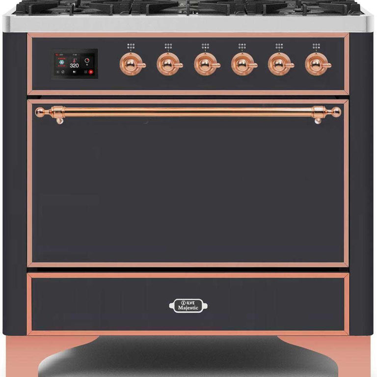 ILVE Majestic II 36" Natural Gas Burner, Electric Oven Range in Matte Graphite with Copper Trim, UM096DQNS3MGPNG