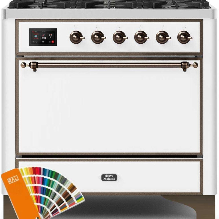 ILVE Majestic II 36" Natural Gas Burner, Electric Oven Range in Custom RAL Color with Bronze Trim, UM096DQNS3RALBNG