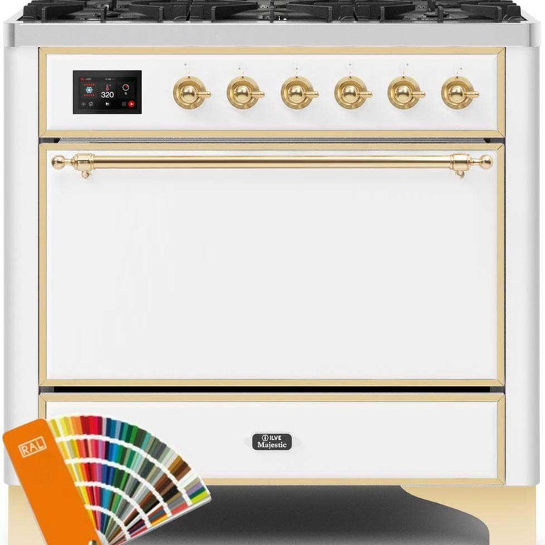 ILVE Majestic II 36" Natural Gas Burner, Electric Oven Range in Custom RAL Color with Brass Trim, UM096DQNS3RALGNG