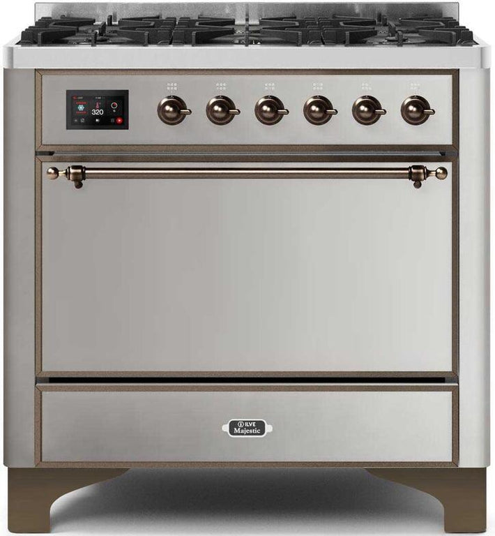 ILVE Majestic II 36" Natural Gas Burner, Electric Oven Range in Stainless Steel with Bronze Trim, UM096DQNS3SSBNG