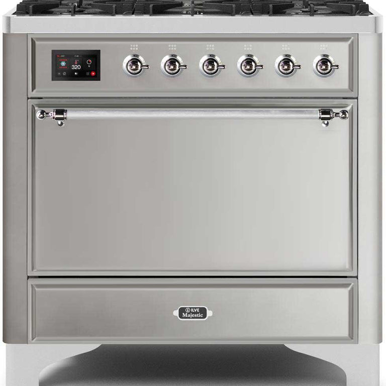 ILVE Majestic II 36" Natural Gas Burner, Electric Oven Range in Stainless Steel with Chrome Trim, UM096DQNS3SSCNG