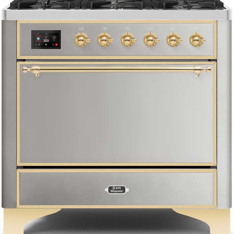ILVE Majestic II 36" Propane Gas Burner, Electric Oven Range in Stainless Steel with Brass Trim, UM096DQNS3SSGLP
