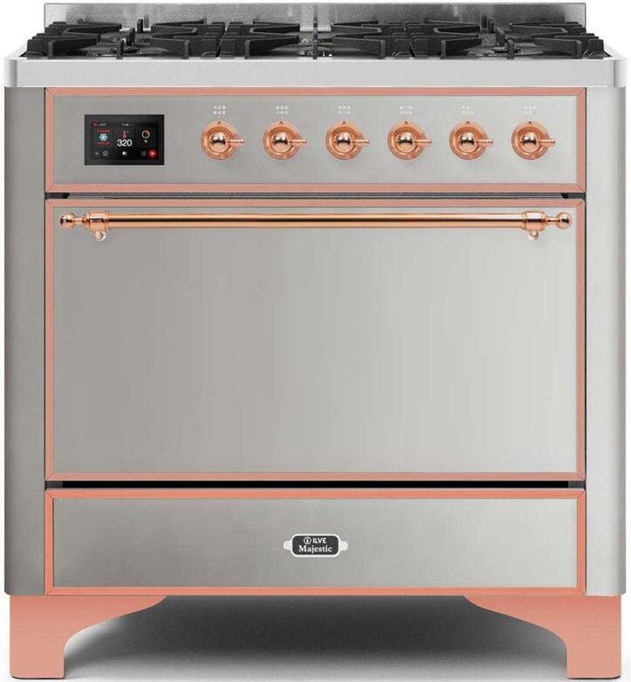 ILVE Majestic II 36" Propane Gas Burner, Electric Oven Range in Stainless Steel with Copper Trim, UM096DQNS3SSPLP
