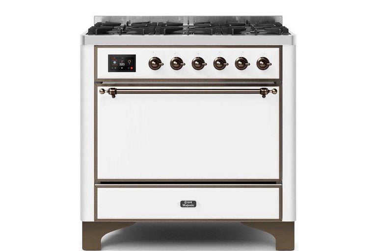ILVE Majestic II 36" Natural Gas Burner, Electric Oven Range in White with Bronze Trim, UM096DQNS3WHBNG
