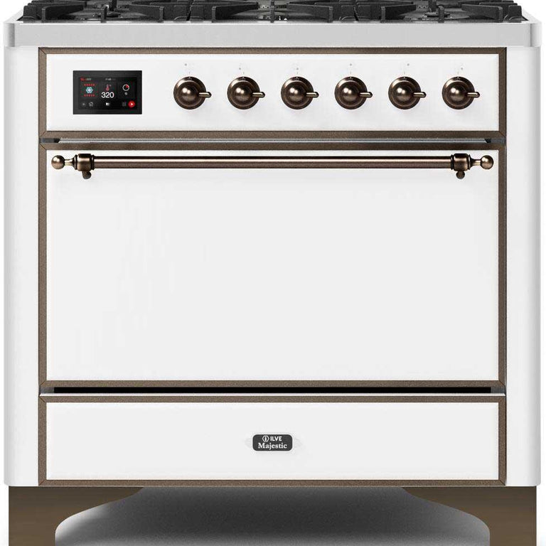 ILVE Majestic II 36" Propane Gas Burner, Electric Oven Range in White with Bronze Trim, UM096DQNS3WHBLP