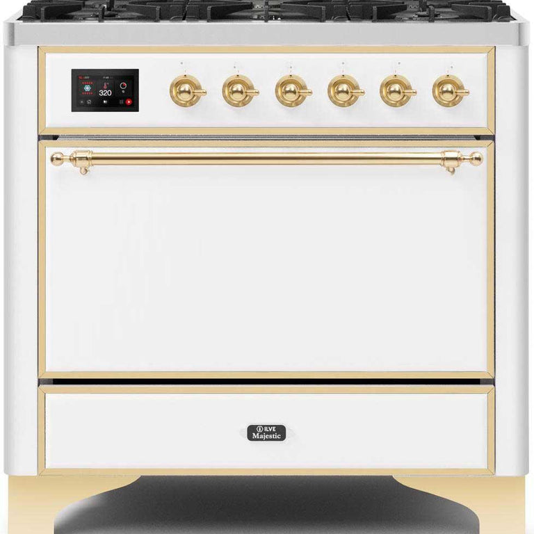 ILVE Majestic II 36" Propane Gas Burner, Electric Oven Range in White with Brass Trim, UM096DQNS3WHGLP