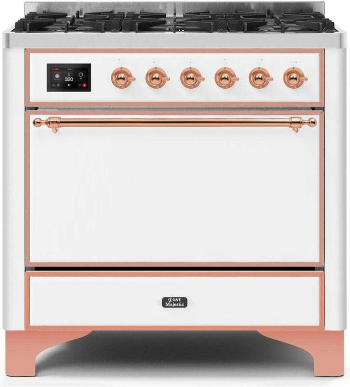 ILVE Majestic II 36" Natural Gas Burner, Electric Oven Range in White with Copper Trim, UM096DQNS3WHPNG