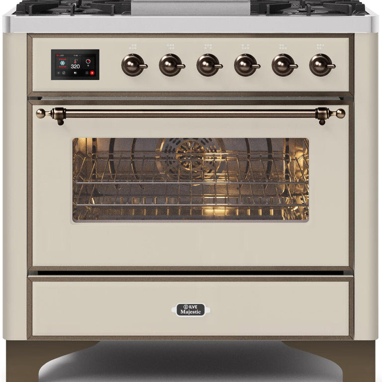 ILVE Majestic II 36" Propane Gas Burner, Electric Oven Range in Antique White with Bronze Trim, UM09FDNS3AWBLP