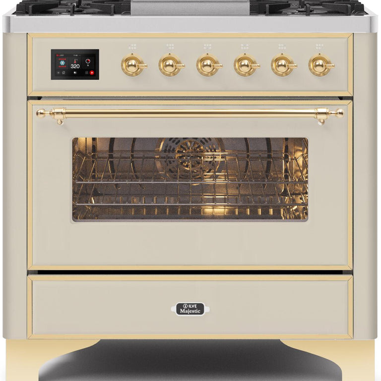 ILVE Majestic II 36" Natural Gas Burner, Electric Oven Range in Antique White with Brass Trim, UM09FDNS3AWGNG